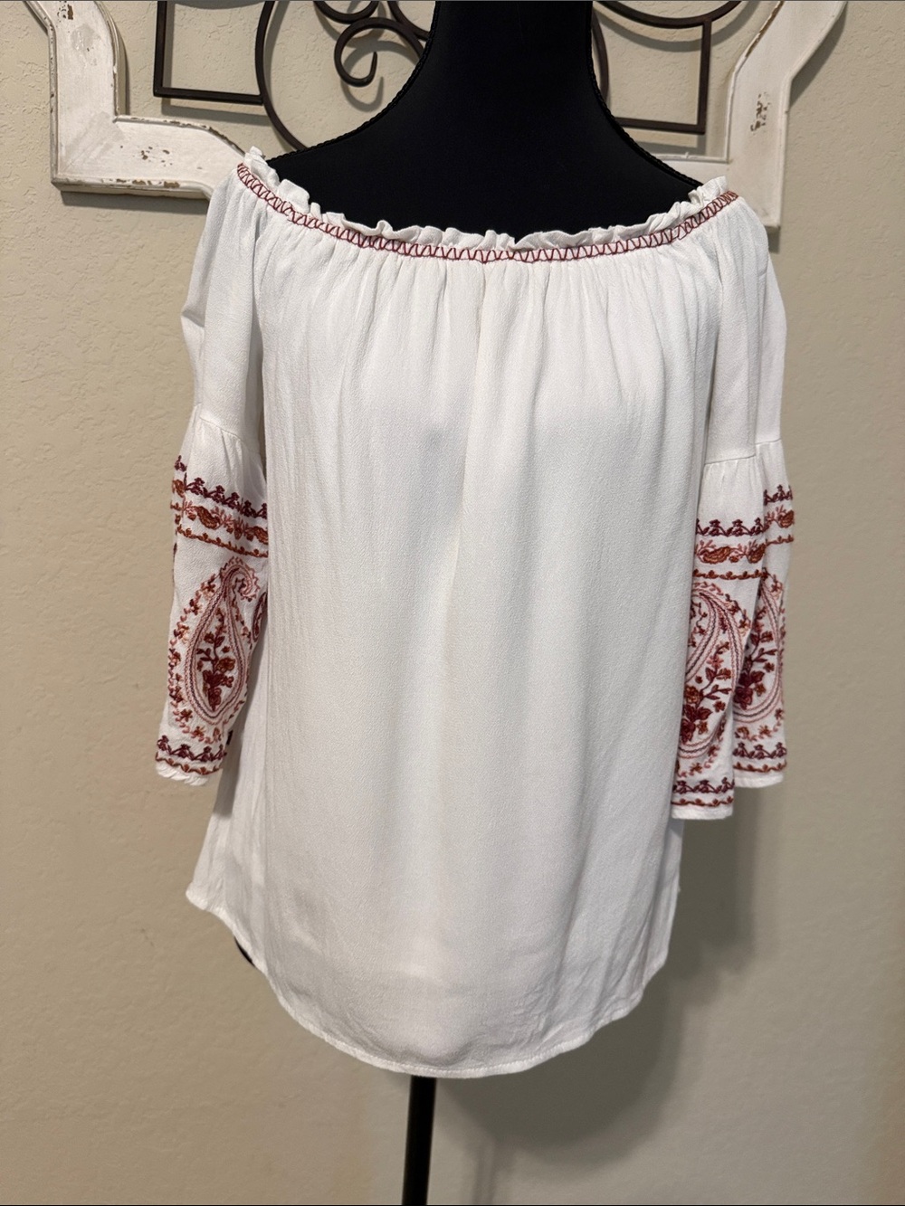 Blue Rain Off-Shoulder Top with Red Embroidered Sleeves